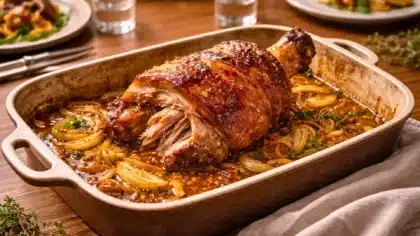 Jarret de porc rôti au four, à la peau dorée et croustillante, servi dans un plat avec oignons, fenouil et jus brillant.