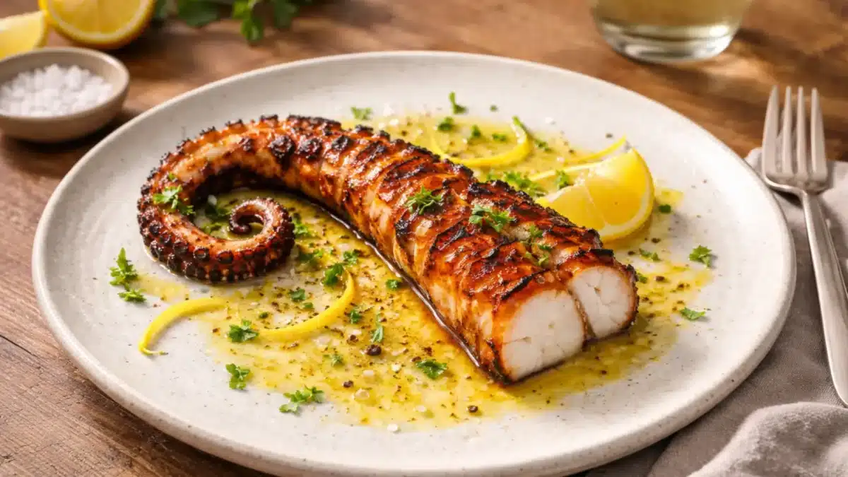 Tentacule de poulpe grillé à la croûte dorée et croustillante, servi avec huile d’olive et zestes de citron, vu en angle 45 degrés sur assiette élégante.