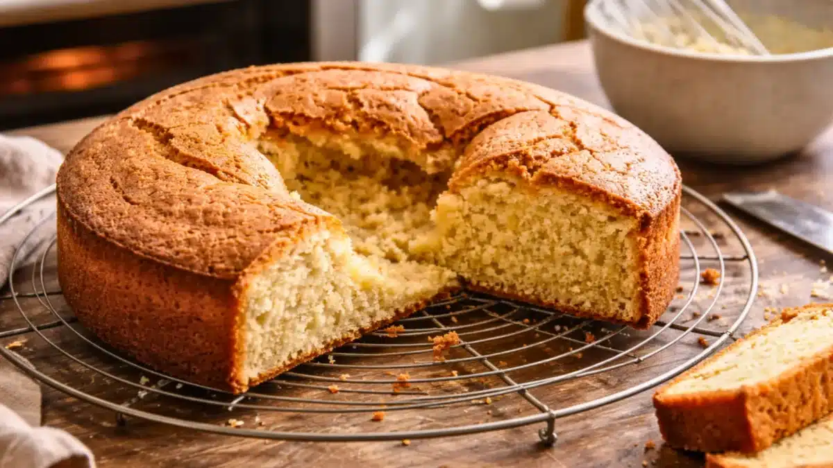 Gâteau moelleux affaissé au centre après cuisson, montrant une mie aérée et un cratère typique dû à un déséquilibre de cuisson