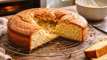 Gâteau moelleux affaissé au centre après cuisson, montrant une mie aérée et un cratère typique dû à un déséquilibre de cuisson