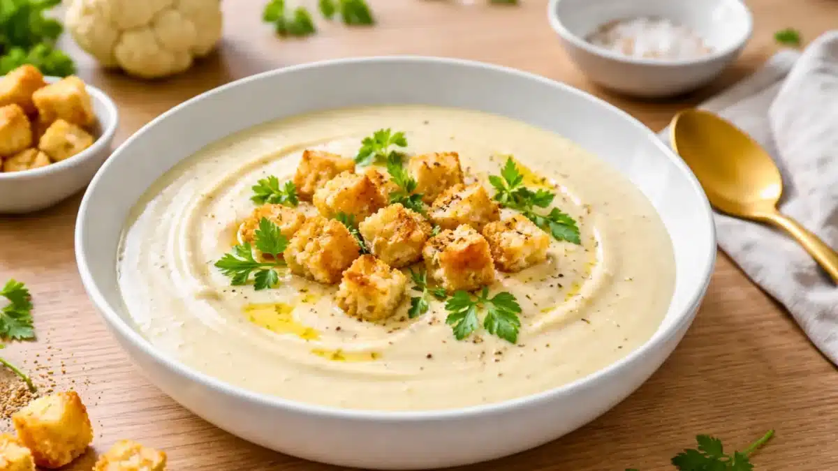 Bol de velouté Dubarry au chou-fleur crémeux garni de croûtons dorés et de persil frais sur une table en bois