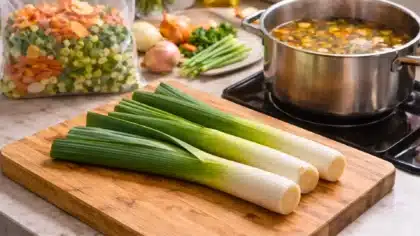 Poireaux entiers posés sur une planche en bois, avec une marmite de soupe de légumes en arrière-plan