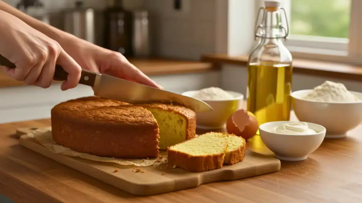 Tranchage d’un gâteau maison sans beurre avec huile et crème comme alternative en pâtisserie