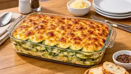 Gratin de courgettes maison dans un plat en verre avec fromage gratiné doré et couches visibles de courgettes