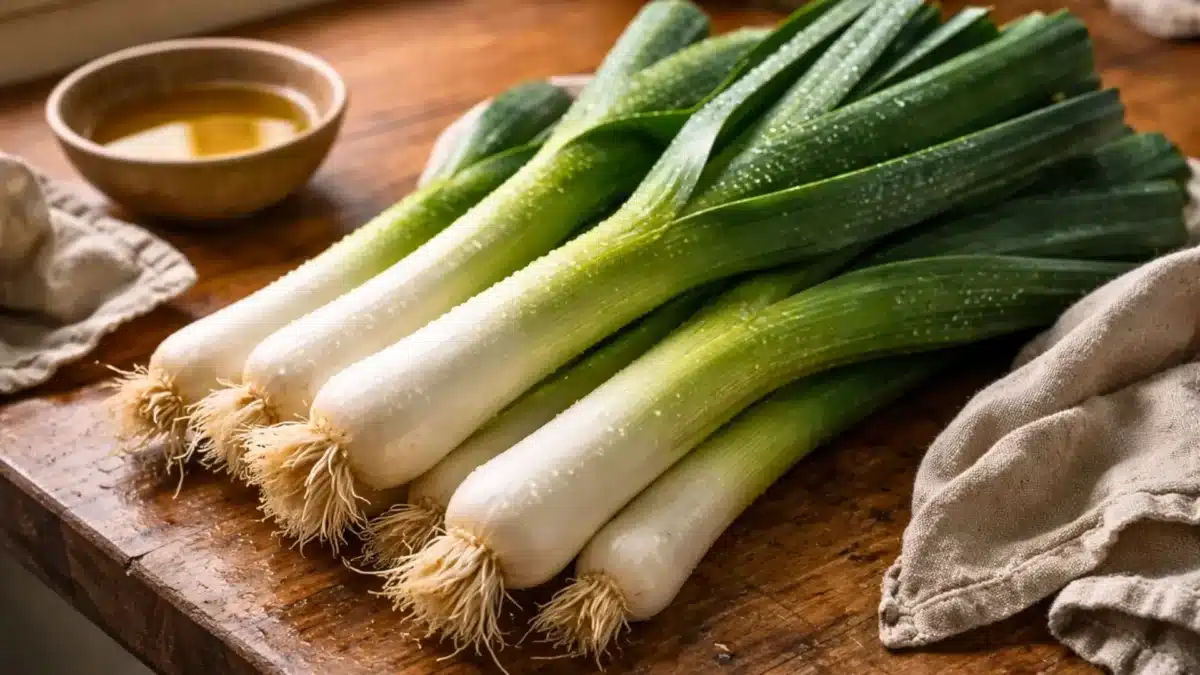 Des poireaux frais encore humides reposent sur un plan de travail en bois usé, à côté d’un petit bol d’huile d’olive et d’un linge en lin.