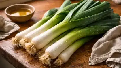 Des poireaux frais encore humides reposent sur un plan de travail en bois usé, à côté d’un petit bol d’huile d’olive et d’un linge en lin.