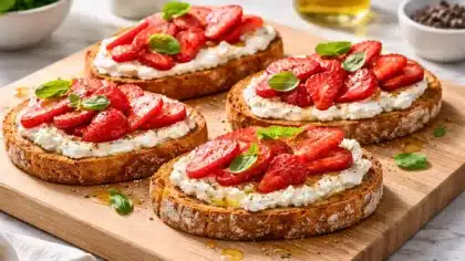 Tartines au chèvre frais et fraises sur pain grillé avec filet d’huile d’olive
