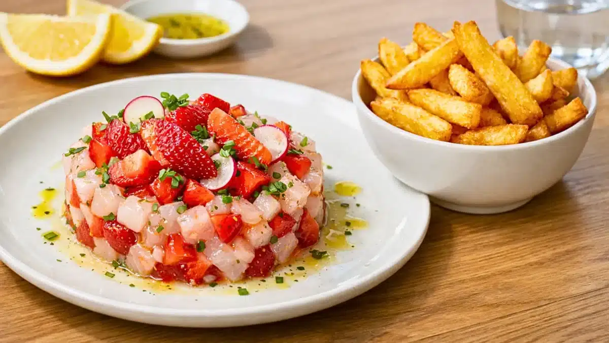 Tartare de daurade aux fraises et oranges sanguines servi avec des frites croustillantes sur table en bois