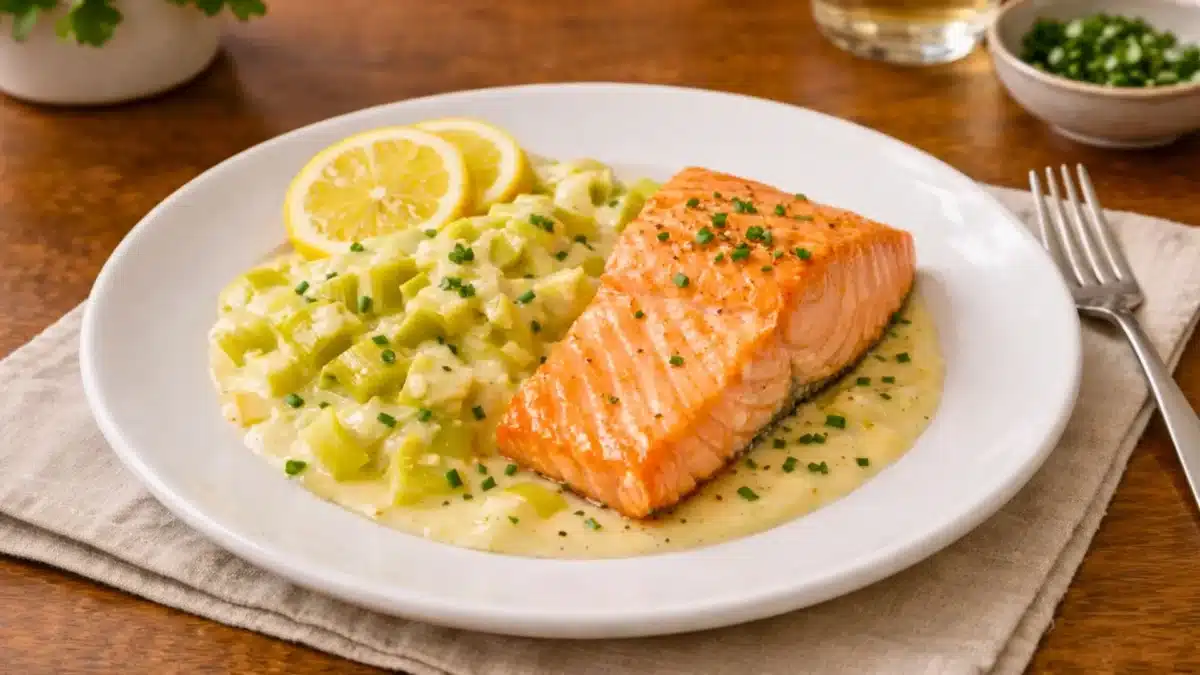 Pavé de saumon tendre accompagné d’une fondue de poireaux crémeuse et de fines tranches de citron, dressé sur une assiette élégante.