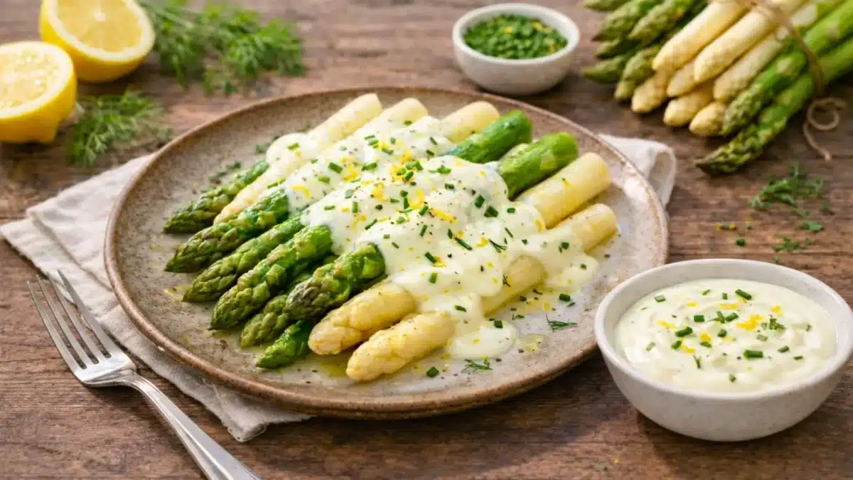 Des asperges vertes et blanches nappées d’une sauce yaourt citron crémeuse, servies dans une assiette en céramique sur une table en bois rustique.