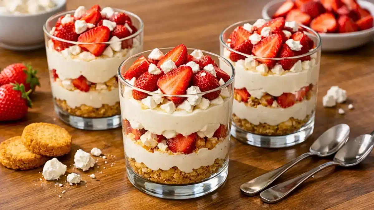 Verrines aux fraises mascarpone avec meringue et palets bretons sur table en bois