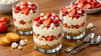 Verrines aux fraises mascarpone avec meringue et palets bretons sur table en bois