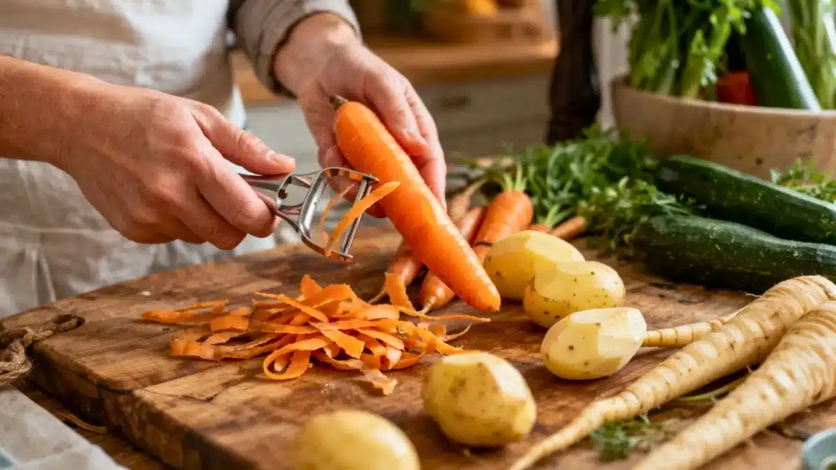 Des mains utilisent un économe en inox sur une carotte, au-dessus d’une planche en bois entourée de pommes de terre, panais et courgettes.