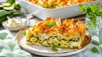 Part de crinkle cake courgette-feta en pâte filo croustillante.